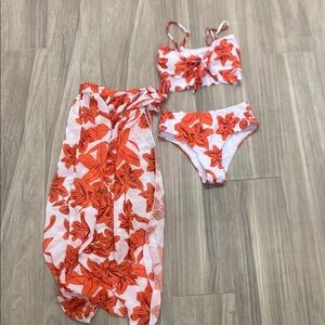 SHEIN White & Orange Floral Bikini Set with Sarong